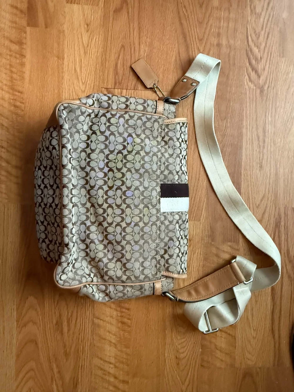 Coach Signature Canvas Messenger Bag in Brown and Cream with Dark Stripe